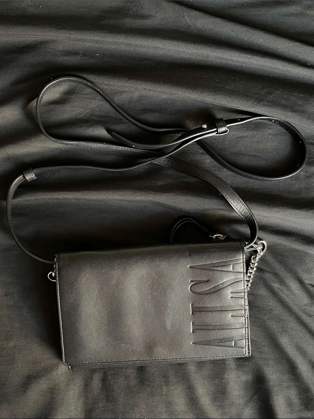 AllSaints Black Leather Wallet Crossbody Clutch Bag Chain Strap